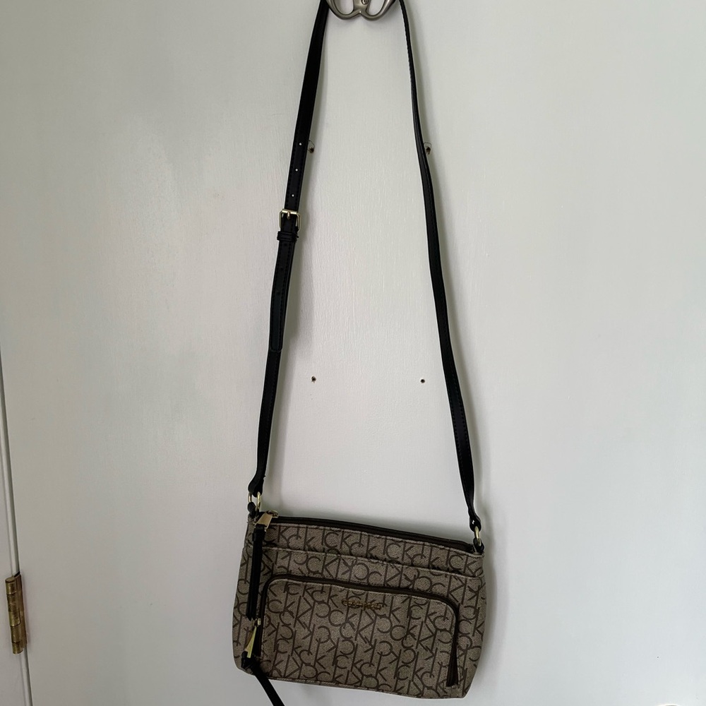 Calvin Klein Black and Brown Crossbody Bag with Adjustable Strap